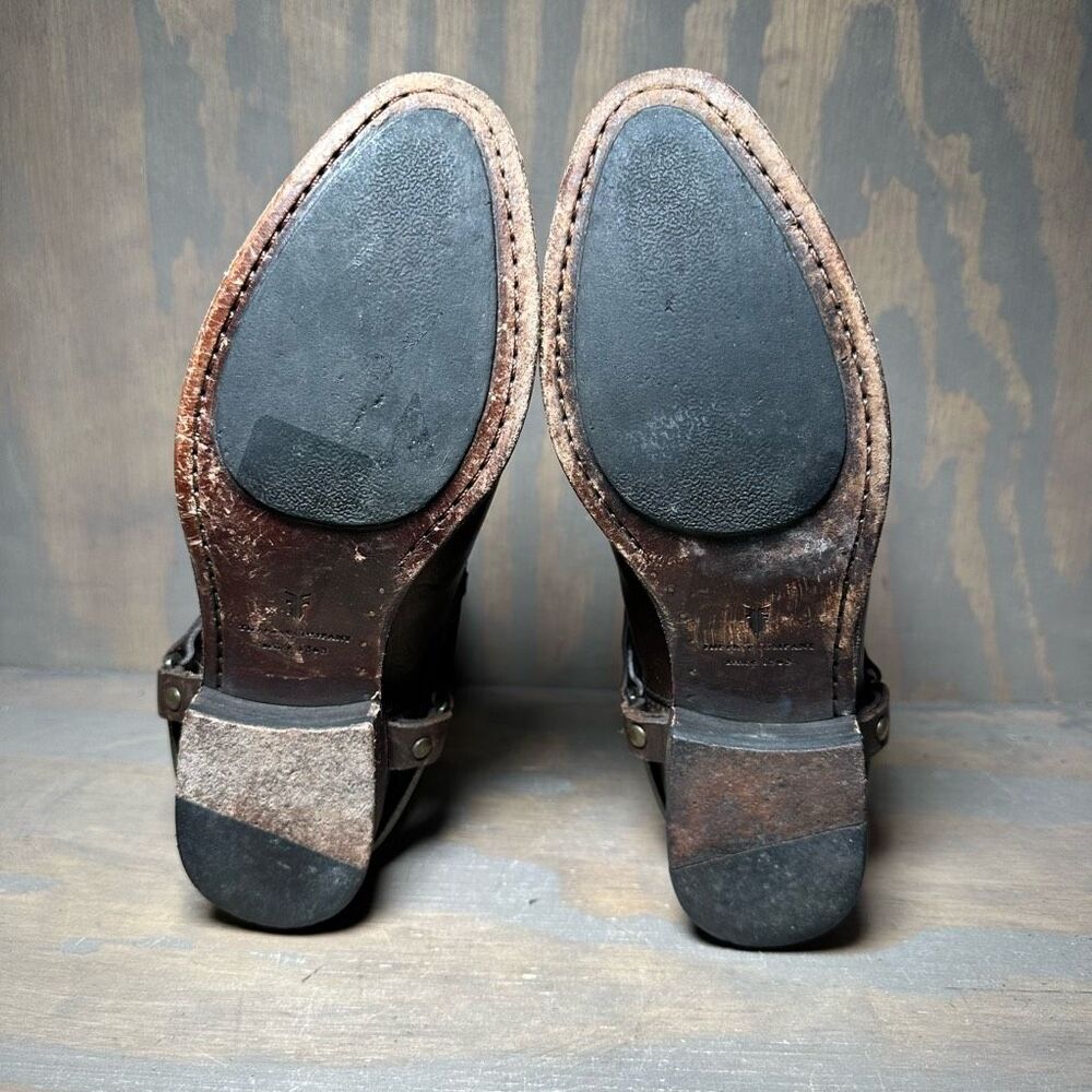 Frye Womens 5.5 Motorcycle Boots Brown Leather Straps Metal Harness Mid Calf - Picture 7 of 12
